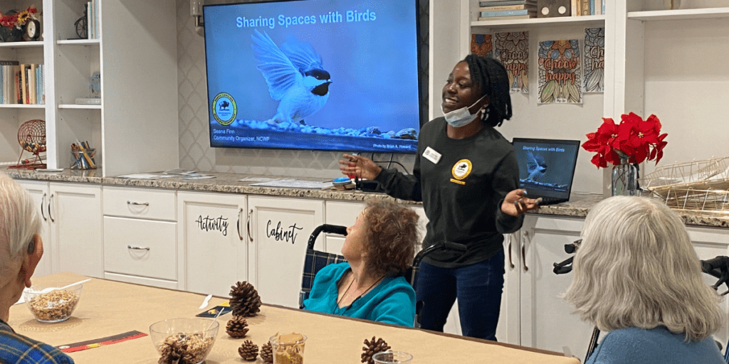 Croasdaile Retirement Community Birdfeeder Workshop, December 12. NCWF visited Croasdaile Retirement Community to discuss the importance of sharing outdoor spaces with birds. Residents of Croasdaile and the staff created pine cone bird feeders to hang on the trees around their campus.